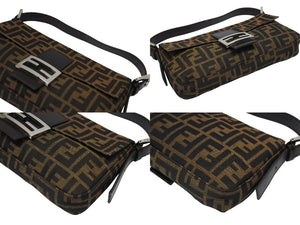極美品 FENDI フェンディ マンマバケット ワンショルダーバッグ 26424 ズッカ柄 キャンバス レザー ブラウン シルバー金具 中古 4b006013