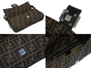 極美品 FENDI フェンディ マンマバケット ワンショルダーバッグ 26424 ズッカ柄 キャンバス レザー ブラウン シルバー金具 中古 4b006013