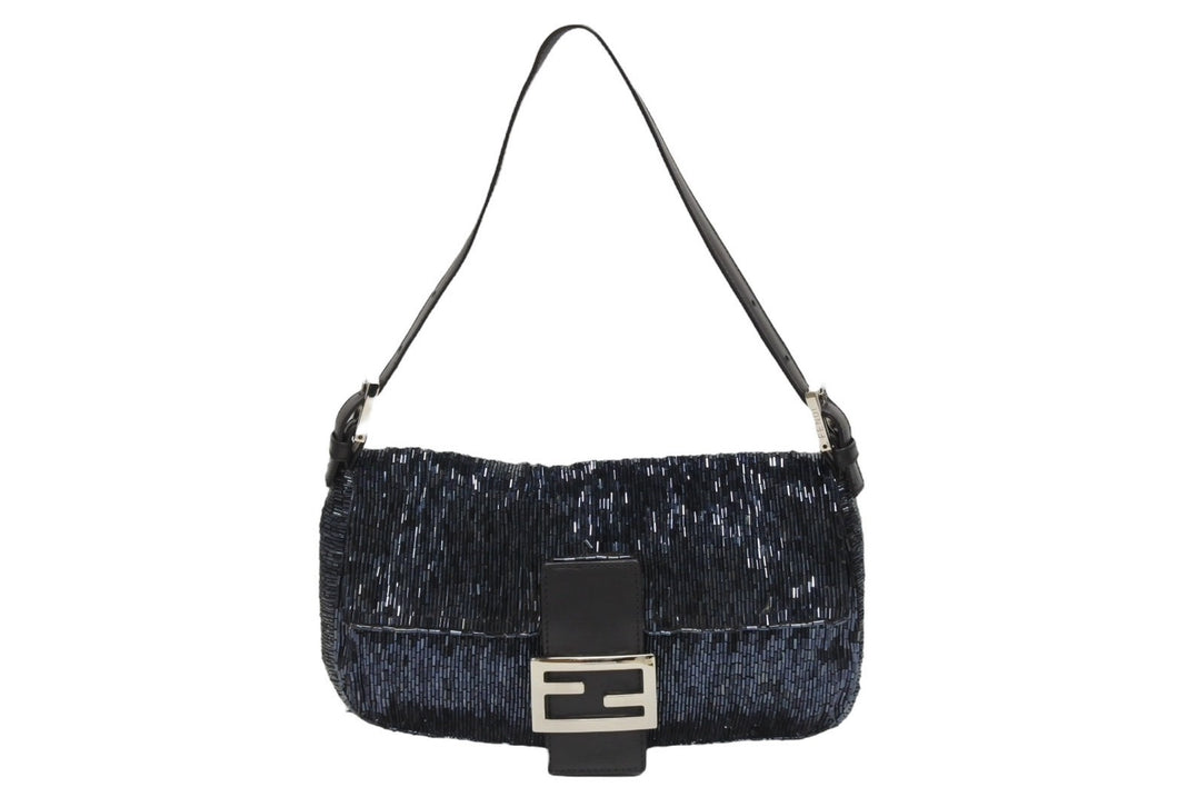 FENDI フェンディ ビーズ マンマバケット ワンショルダーバッグ 26424 ビーズ レザー ネイビー チャコール 美品 中古 4b006015