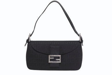 FENDI フェンディ マンマバケット ワンショルダーバッグ FF ズッキーノ柄 キャンバス レザー ブラック シルバー金具 美品 中古 4b006028