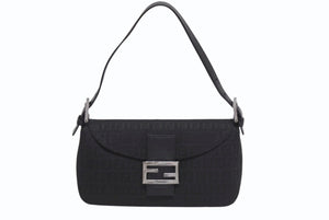 FENDI フェンディ マンマバケット ワンショルダーバッグ FF ズッキーノ柄 キャンバス レザー ブラック シルバー金具 美品 中古 4b006028