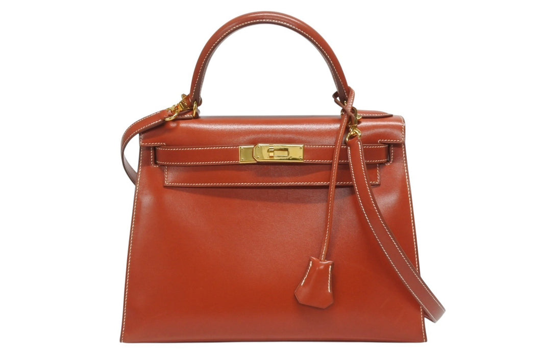 極美品 HERMES エルメス ケリー28 外縫い ブリック ◽︎A刻印 カーフスキン ゴールド金具 ハンドバッグ 中古 4b006169