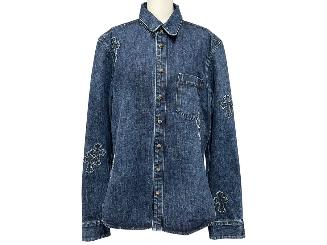 極美品 CHROME HEARTS クロムハーツ 長袖デニムシャツ サイズXL クロスボール クロスパッチ デニム ブルー コットン シルバー925 中古 4b006174