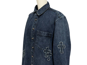 極美品 CHROME HEARTS クロムハーツ 長袖デニムシャツ サイズXL クロスボール クロスパッチ デニム ブルー コットン シルバー925 中古 4b006174