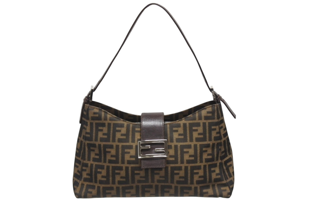 FENDI フェンディ マンマバケット ワンショルダーバッグ 26424 ズッカ柄 ブラウン キャンバス レザー シルバー金具 美品 中古 4b006181