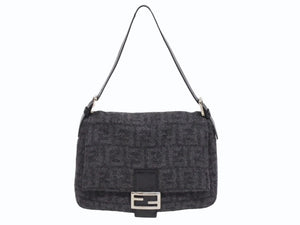 FENDI フェンディ マンマバケット ワンショルダーバッグ ズッカ柄 ブラック グレー ウール レザー シルバー金具 美品 中古 4b006182 