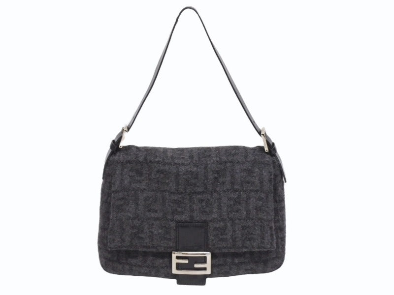 FENDI フェンディ マンマバケット ワンショルダーバッグ ズッカ柄 ブラック グレー ウール レザー シルバー金具 美品 中古 4b006182 