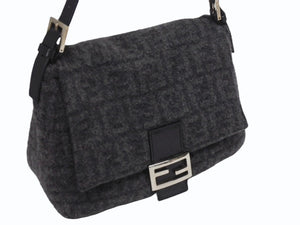 FENDI フェンディ マンマバケット ワンショルダーバッグ ズッカ柄 ブラック グレー ウール レザー シルバー金具 美品 中古 4b006182 