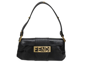 FENDI フェンディ ロゴプレート ミニハンドバッグ 8BK045 鞄 型押し レザー ブラック ゴールド金具 イタリア製 美品 中古 4b006196