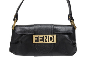 FENDI フェンディ ロゴプレート ミニハンドバッグ 8BK045 鞄 型押し レザー ブラック ゴールド金具 イタリア製 美品 中古 4b006196