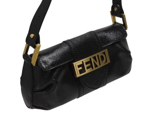 FENDI フェンディ ロゴプレート ミニハンドバッグ 8BK045 鞄 型押し レザー ブラック ゴールド金具 イタリア製 美品 中古 4b006196