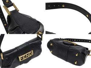 FENDI フェンディ ロゴプレート ミニハンドバッグ 8BK045 鞄 型押し レザー ブラック ゴールド金具 イタリア製 美品 中古 4b006196