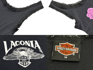 HARLEY DAVIDSON ハーレーダビッドソン タンクトップ ロゴ 薔薇 ポリエステル コットン ブラック ピンク 美品 中古 4b006220