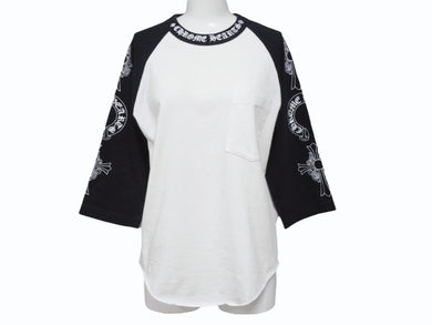 極美品 CHROME HEARTS クロムハーツ ネックロゴ マルチプリント 七分丈 ラグラン 長袖Tシャツ ブラック ホワイト サイズS 中古 4b006231 