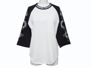 極美品 CHROME HEARTS クロムハーツ ネックロゴ マルチプリント 七分丈 ラグラン 長袖Tシャツ ブラック ホワイト サイズS 中古 4b006231 
