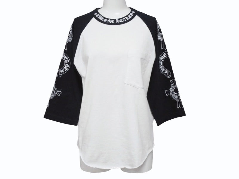 極美品 CHROME HEARTS クロムハーツ ネックロゴ マルチプリント 七分丈 ラグラン 長袖Tシャツ ブラック ホワイト サイズS 中古 4b006231 