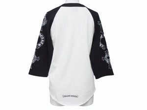 極美品 CHROME HEARTS クロムハーツ ネックロゴ マルチプリント 七分丈 ラグラン 長袖Tシャツ ブラック ホワイト サイズS 中古 4b006231 