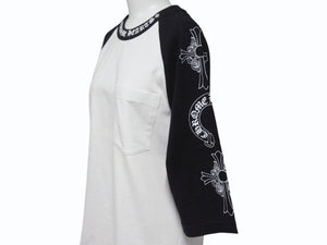 極美品 CHROME HEARTS クロムハーツ ネックロゴ マルチプリント 七分丈 ラグラン 長袖Tシャツ ブラック ホワイト サイズS 中古 4b006231 