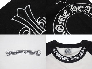 極美品 CHROME HEARTS クロムハーツ ネックロゴ マルチプリント 七分丈 ラグラン 長袖Tシャツ ブラック ホワイト サイズS 中古 4b006231 