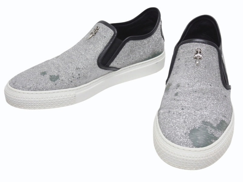 CHROME HEARTS クロムハーツ CH SLIP ON スリッポン スニーカー サイズ43 グリッター シルバー CHプラスパッチ ダガー装飾 良品 中古 4b006235