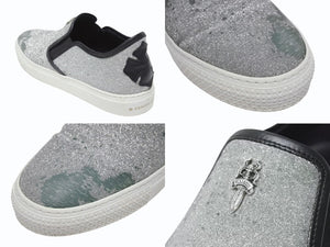 CHROME HEARTS クロムハーツ CH SLIP ON スリッポン スニーカー サイズ43 グリッター シルバー CHプラスパッチ ダガー装飾 良品 中古 4b006235
