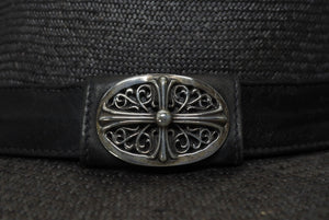 CHROME HEARTS クロムハーツ オーバルクロス ガスリンガー レザー ストローハット 帽子 サイズM 58.5cm 良品 中古 4b006244