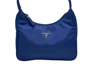 極美品 PRADA プラダ ホーボー ハンドバッグ トライアングルロゴ 三角プレートロゴ ブルー ナイロン シルバー金具 イタリア製 中古 4b006248