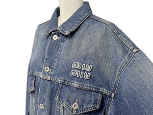 MIUMIU ミュウミュウ デニム ブルゾン ジャケット ブルー ロゴ クロップド コットン アウター GWB148 サイズ40 美品 中古 4b006252