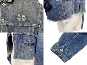 MIUMIU ミュウミュウ デニム ブルゾン ジャケット ブルー ロゴ クロップド コットン アウター GWB148 サイズ40 美品 中古 4b006252