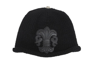 極美品 CHROME HEARTS クロムハーツ BSフレア レザーパッチ ニットキャップ BSフレア ボタン ビーニー カシミヤ ブラック ONE SIZE 中古 4b006254