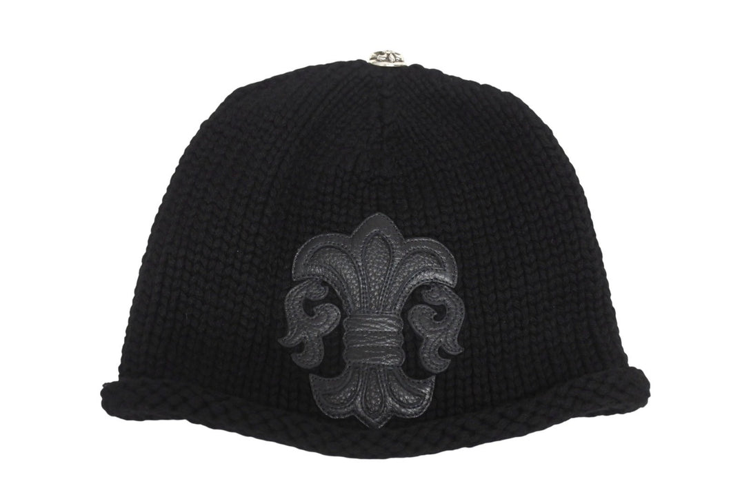 極美品 CHROME HEARTS クロムハーツ BSフレア レザーパッチ ニットキャップ BSフレア ボタン ビーニー カシミヤ ブラック ONE SIZE 中古 4b006254