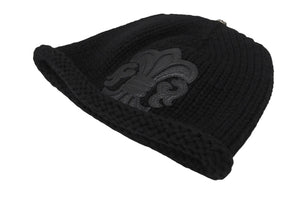 極美品 CHROME HEARTS クロムハーツ BSフレア レザーパッチ ニットキャップ BSフレア ボタン ビーニー カシミヤ ブラック ONE SIZE 中古 4b006254
