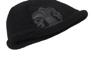 極美品 CHROME HEARTS クロムハーツ BSフレア レザーパッチ ニットキャップ BSフレア ボタン ビーニー カシミヤ ブラック ONE SIZE 中古 4b006254