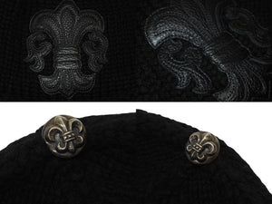 極美品 CHROME HEARTS クロムハーツ BSフレア レザーパッチ ニットキャップ BSフレア ボタン ビーニー カシミヤ ブラック ONE SIZE 中古 4b006254