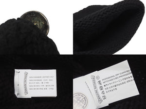 極美品 CHROME HEARTS クロムハーツ BSフレア レザーパッチ ニットキャップ BSフレア ボタン ビーニー カシミヤ ブラック ONE SIZE 中古 4b006254