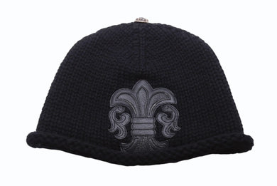 極美品 CHROME HEARTS クロムハーツ BSフレア レザーパッチ ニットキャップ BSフレア ボタン ビーニー カシミヤ ブラック ONE SIZE 中古 4b006255