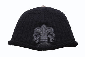 極美品 CHROME HEARTS クロムハーツ BSフレア レザーパッチ ニットキャップ BSフレア ボタン ビーニー カシミヤ ブラック ONE SIZE 中古 4b006255