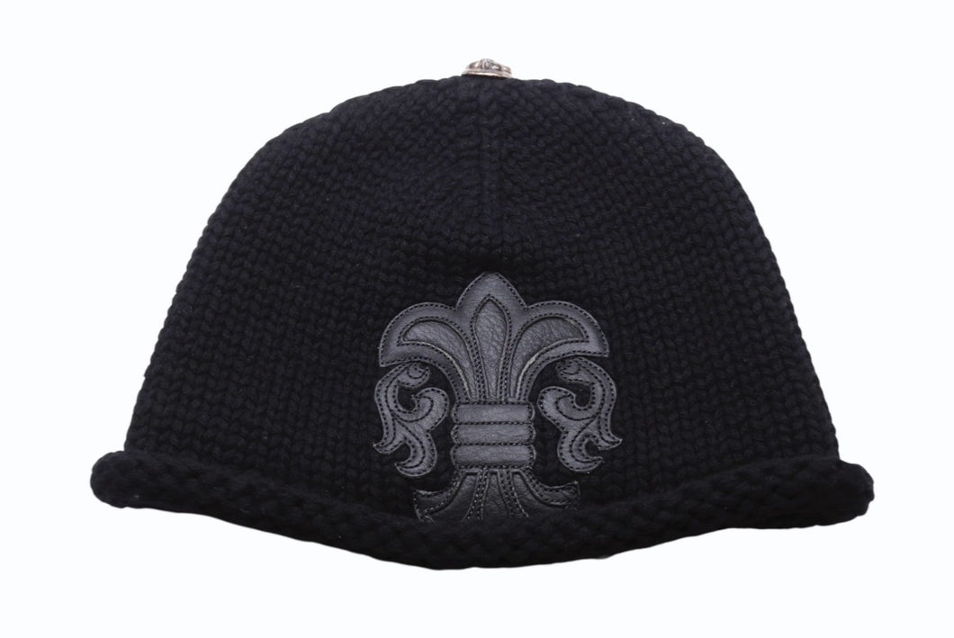 極美品 CHROME HEARTS クロムハーツ BSフレア レザーパッチ ニットキャップ BSフレア ボタン ビーニー カシミヤ ブラック ONE SIZE 中古 4b006255