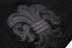 極美品 CHROME HEARTS クロムハーツ BSフレア レザーパッチ ニットキャップ BSフレア ボタン ビーニー カシミヤ ブラック ONE SIZE 中古 4b006255