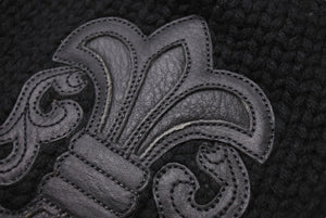 極美品 CHROME HEARTS クロムハーツ BSフレア レザーパッチ ニットキャップ BSフレア ボタン ビーニー カシミヤ ブラック ONE SIZE 中古 4b006255