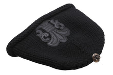 Load image into Gallery viewer, 極美品 CHROME HEARTS クロムハーツ BSフレア レザーパッチ ニットキャップ BSフレア ボタン ビーニー カシミヤ ブラック ONE SIZE 中古 4b006255