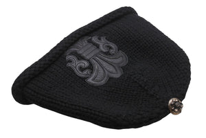 極美品 CHROME HEARTS クロムハーツ BSフレア レザーパッチ ニットキャップ BSフレア ボタン ビーニー カシミヤ ブラック ONE SIZE 中古 4b006255