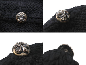 極美品 CHROME HEARTS クロムハーツ BSフレア レザーパッチ ニットキャップ BSフレア ボタン ビーニー カシミヤ ブラック ONE SIZE 中古 4b006255