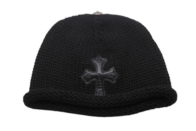 極美品 CHROME HEARTS クロムハーツ クロスパッチ ニットキャップ ビーニー カシミヤ レザー シルバー925 ブラック ONE SIZE 中古 4b006256