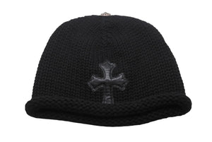 極美品 CHROME HEARTS クロムハーツ クロスパッチ ニットキャップ ビーニー カシミヤ レザー シルバー925 ブラック ONE SIZE 中古 4b006256