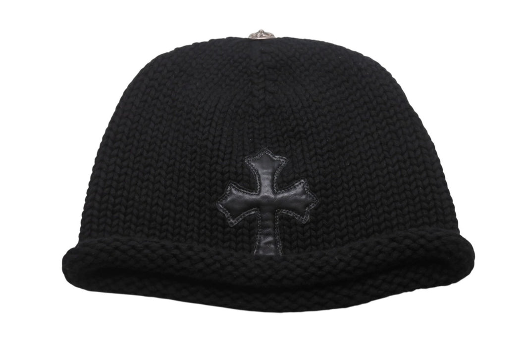極美品 CHROME HEARTS クロムハーツ クロスパッチ ニットキャップ ビーニー カシミヤ レザー シルバー925 ブラック ONE SIZE 中古 4b006256
