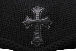極美品 CHROME HEARTS クロムハーツ クロスパッチ ニットキャップ ビーニー カシミヤ レザー シルバー925 ブラック ONE SIZE 中古 4b006256