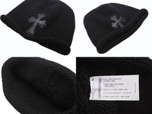Load image into Gallery viewer, 極美品 CHROME HEARTS クロムハーツ クロスパッチ ニットキャップ ビーニー カシミヤ レザー シルバー925 ブラック ONE SIZE 中古 4b006256