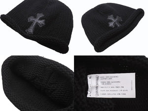 極美品 CHROME HEARTS クロムハーツ クロスパッチ ニットキャップ ビーニー カシミヤ レザー シルバー925 ブラック ONE SIZE 中古 4b006256
