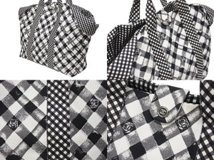 極美品 CHANEL シャネル クルーズライン ギンガムチェック トートバッグ ボストンバッグ ホワイト ブラック 14番台 ココマーク シルバー金具 中古 4b006306